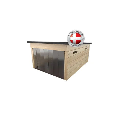 Garasjehus til robotgressklipper med kubisk design, naturlig trefarge.