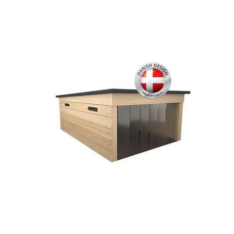 Garasjehus til robotgressklipper med kubisk design, naturlig trefarge.